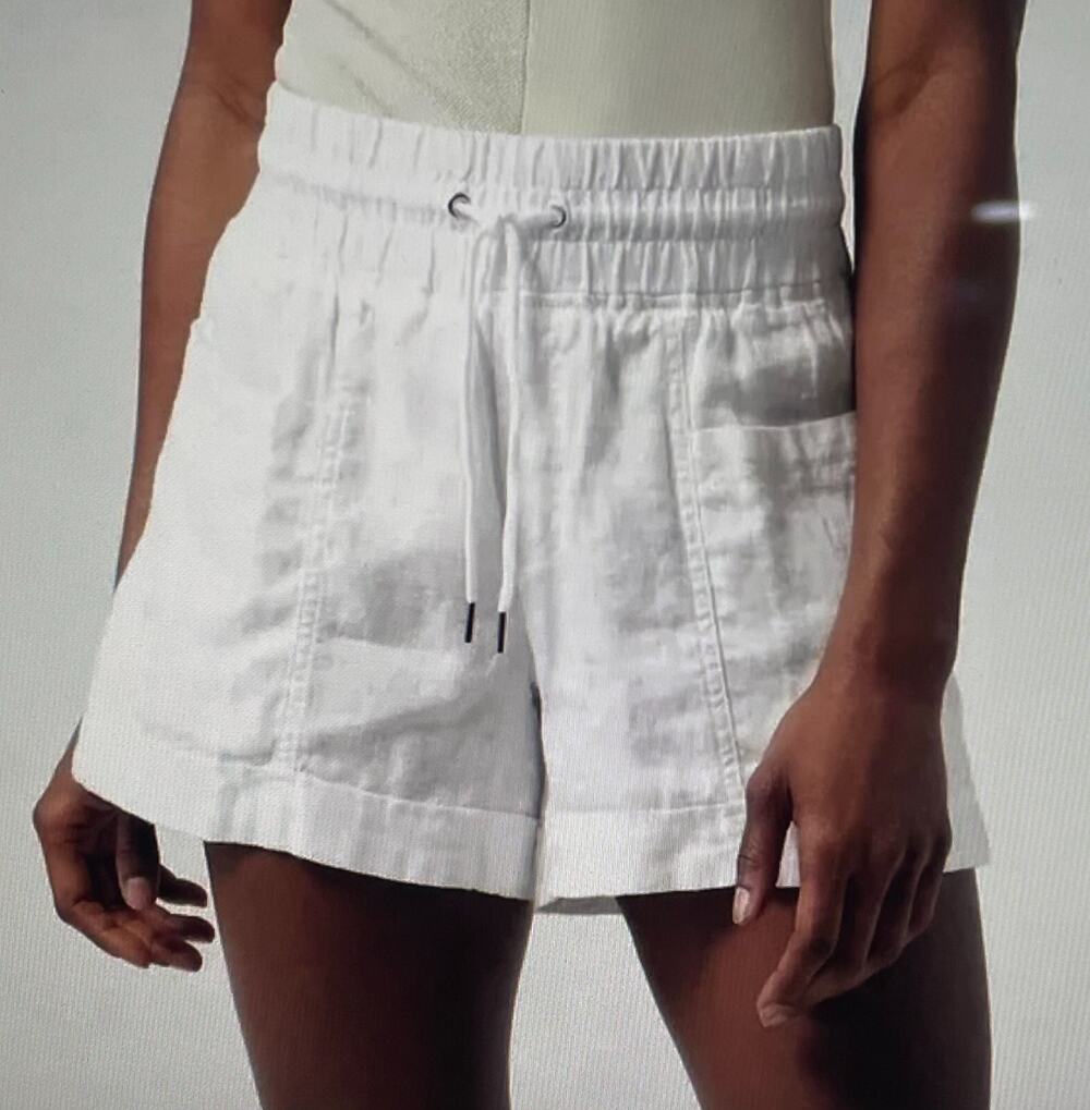 Athleta Cabo Tide Linen 4" Short Women Size 10 White High Rise Drawstring Waist